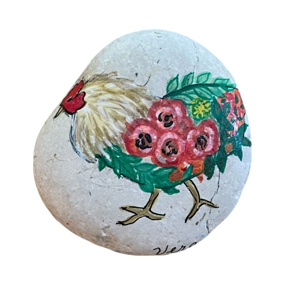Handcrafted painted floral chicken rock white background stone red pink green - Picture 8 of 13